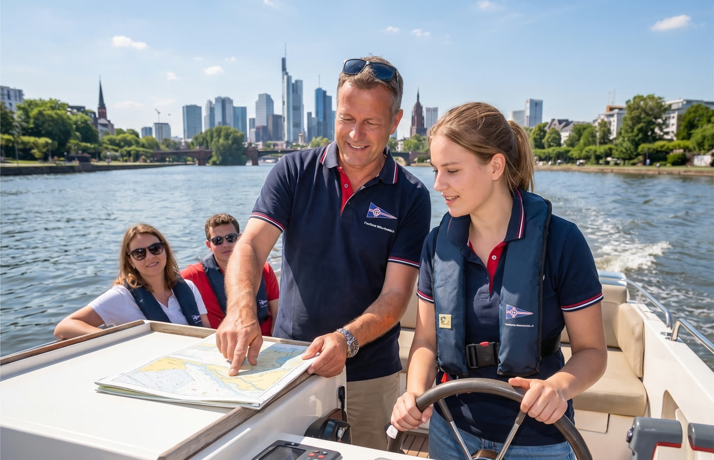 Fahrschüler am Steuer eines Motorboots auf dem Main, im Hintergrund die Frankfurter Skyline
